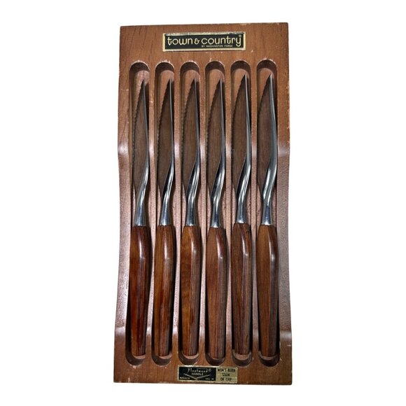 Vtg Washington Forge Town & Country Steak Knife Set Fleetwood wood handle MCM - Picture 2 of 3